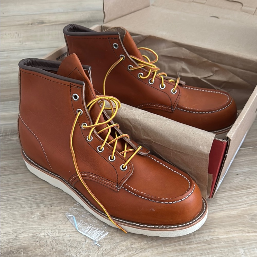 Brown Leather Moc-Toe Work Boots with White Sole